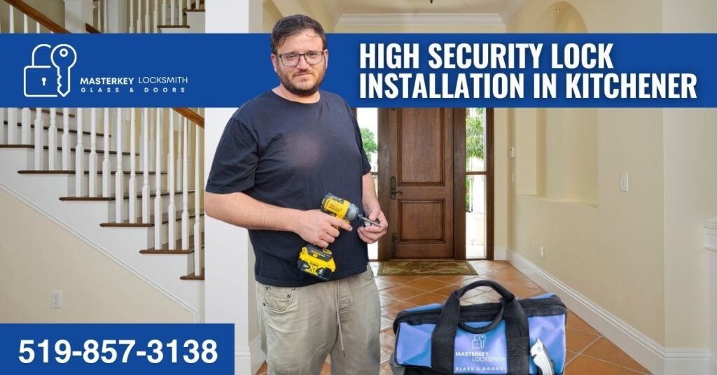 Professional locksmith installing a high-security smart lock on a home door in Kitchener, Canada