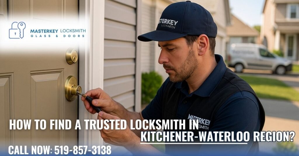 Locksmith in Kitchener-Waterloo rekeying a front door lock with professional tools