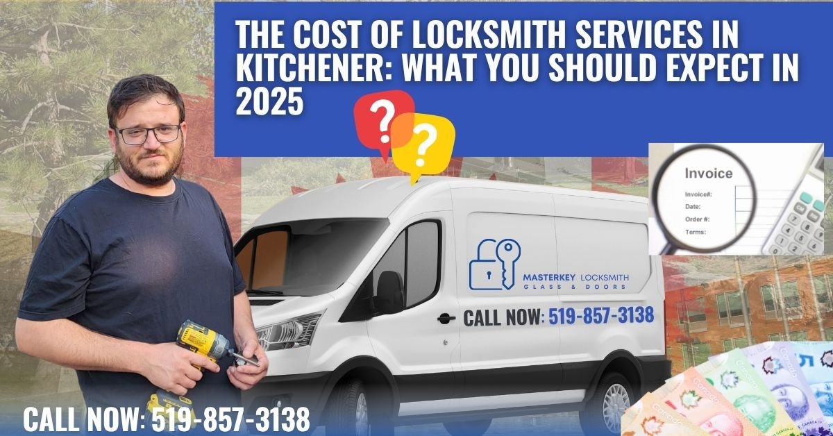 Professional locksmith in Kitchener standing beside MasterKey Locksmith service van, showcasing 2025 locksmith pricing and cost transparency in Ontario.
