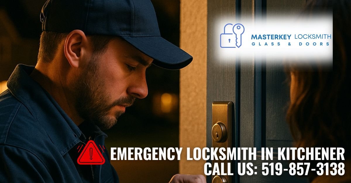 Locksmith unlocking a home door during emergency service in Kitchener.