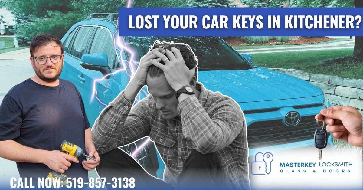Car locksmith in Kitchener helping driver who lost car keys, with technician holding tools beside blue Toyota vehicle – MasterKey Locksmith Glass & Doors offering car key replacement, programming, and emergency locksmith services in Kitchener.