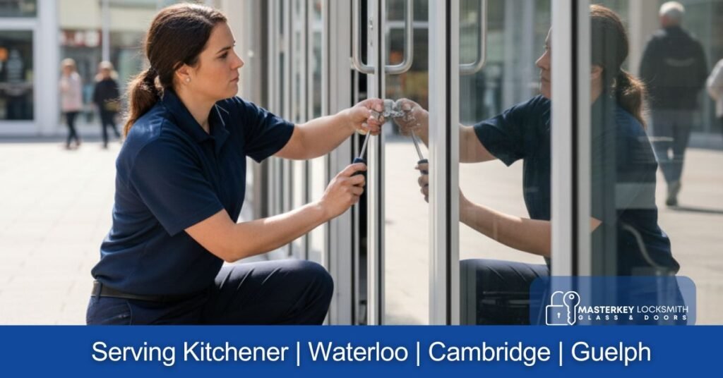 Commercial locksmith repairing a glass storefront door at a business on The Boardwalk in Kitchener, fixing pivots and door closers for smooth operation.