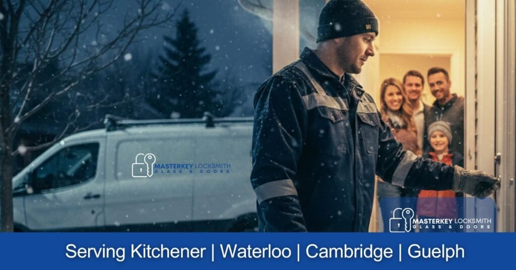 Emergency locksmith arriving quickly at a home in Country Hills Kitchener to unlock a door and provide fast assistance within 15 minutes.