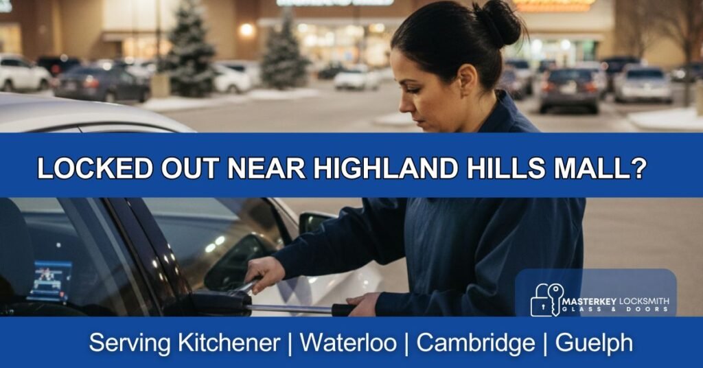 Emergency locksmith assisting with a lockout near Highland Hills Mall in Kitchener, unlocking a car door quickly with no damage for a Forest Heights resident.