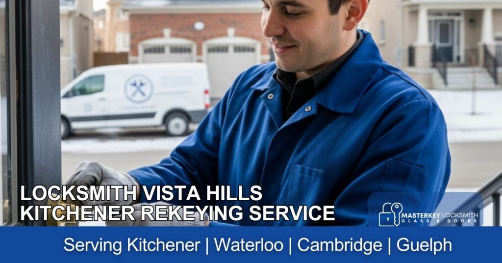 Professional locksmith rekeying a front door lock for a new homeowner in Vista Hills Kitchener to ensure home security after moving in.