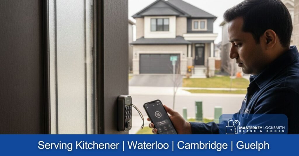 Locksmith installing a smart lock on a front door in Doon South Kitchener for a modern home security upgrade with keypad and mobile access.