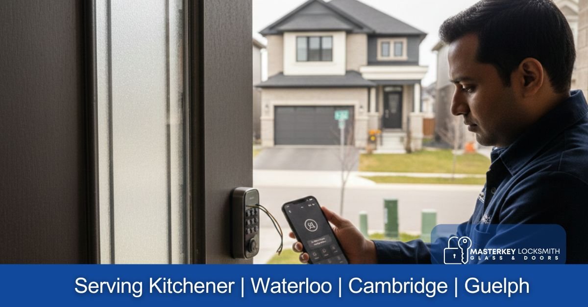 Locksmith installing a smart lock on a front door in Doon South Kitchener for a modern home security upgrade with keypad and mobile access.