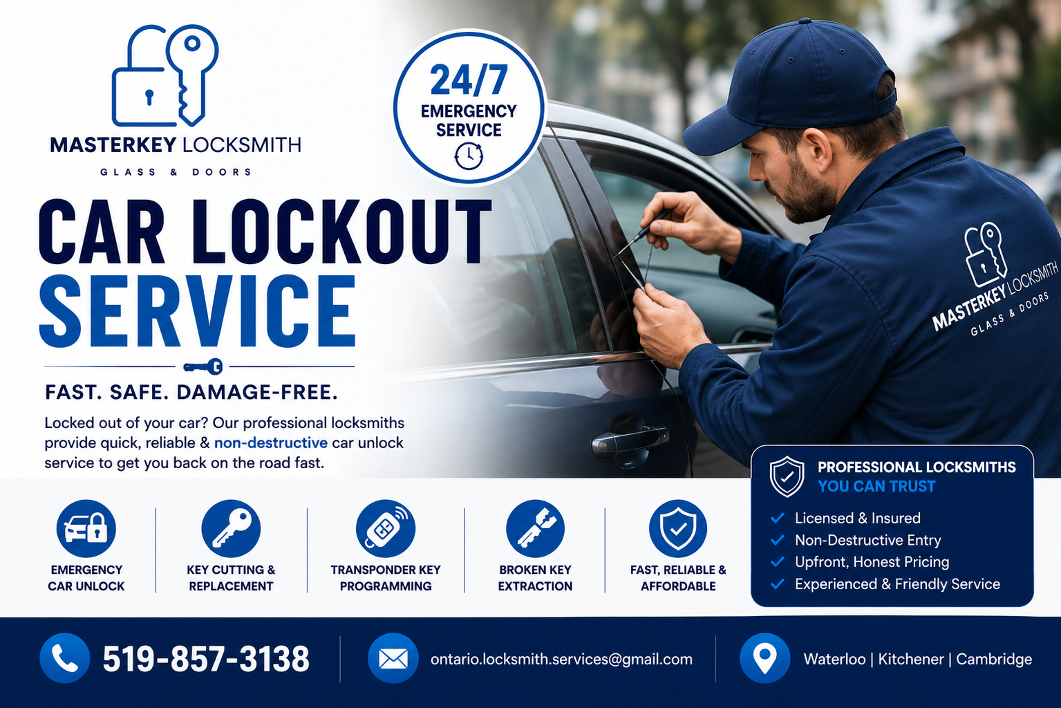 Masterkey Locksmith car lockout service Ontario, Kitchner, Cambridge